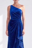 One Shoulder Mermaid Black Velvet Ruffled Ruched Long Mother of the Bride Dress