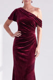 Mermaid Burgundy Velvet Off the Shoulder Ruched Long Mother of the Bride Dress