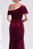 Mermaid Burgundy Velvet Off the Shoulder Ruched Long Mother of the Bride Dress