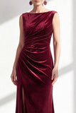 Dark Green Velvet Bateau Neck Ruched Mermaid Long Mother of the Bride Dress with Slit