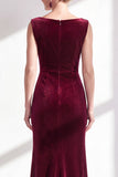 Dark Green Velvet Bateau Neck Ruched Mermaid Long Mother of the Bride Dress with Slit