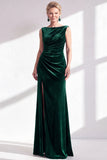 Dark Green Velvet Bateau Neck Ruched Mermaid Long Mother of the Bride Dress with Slit