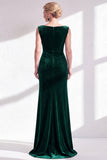 Dark Green Velvet Bateau Neck Ruched Mermaid Long Mother of the Bride Dress with Slit