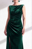 Dark Green Velvet Bateau Neck Ruched Mermaid Long Mother of the Bride Dress with Slit