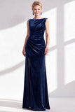 Dark Green Velvet Bateau Neck Ruched Mermaid Long Mother of the Bride Dress with Slit