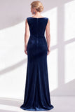 Dark Green Velvet Bateau Neck Ruched Mermaid Long Mother of the Bride Dress with Slit