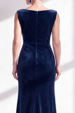 Dark Green Velvet Bateau Neck Ruched Mermaid Long Mother of the Bride Dress with Slit