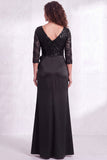 Black V-Neck Ruched Mermaid Ruffled Sequins Long Mother of the Bride Dress with Slit