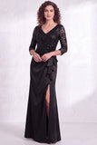 Black V-Neck Ruched Mermaid Ruffled Sequins Long Mother of the Bride Dress with Slit