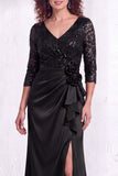 Black V-Neck Ruched Mermaid Ruffled Sequins Long Mother of the Bride Dress with Slit