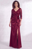 Black V-Neck Ruched Mermaid Ruffled Sequins Long Mother of the Bride Dress with Slit