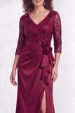 Black V-Neck Ruched Mermaid Ruffled Sequins Long Mother of the Bride Dress with Slit