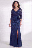 Black V-Neck Ruched Mermaid Ruffled Sequins Long Mother of the Bride Dress with Slit