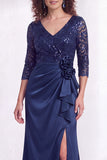 Black V-Neck Ruched Mermaid Ruffled Sequins Long Mother of the Bride Dress with Slit
