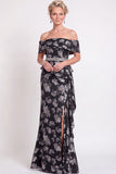 Blue Off the Shoulder Mermaid Floral Ruffled Long Mother of the Bride Dress with Slit