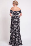 Blue Off the Shoulder Mermaid Floral Ruffled Long Mother of the Bride Dress with Slit