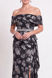 Blue Off the Shoulder Mermaid Floral Ruffled Long Mother of the Bride Dress with Slit