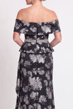 Blue Off the Shoulder Mermaid Floral Ruffled Long Mother of the Bride Dress with Slit