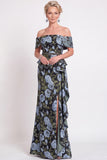 Blue Off the Shoulder Mermaid Floral Ruffled Long Mother of the Bride Dress with Slit