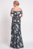 Blue Off the Shoulder Mermaid Floral Ruffled Long Mother of the Bride Dress with Slit