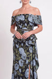 Blue Off the Shoulder Mermaid Floral Ruffled Long Mother of the Bride Dress with Slit
