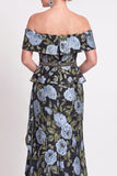 Blue Off the Shoulder Mermaid Floral Ruffled Long Mother of the Bride Dress with Slit