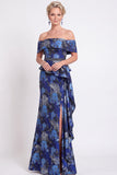 Blue Off the Shoulder Mermaid Floral Ruffled Long Mother of the Bride Dress with Slit