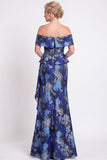 Blue Off the Shoulder Mermaid Floral Ruffled Long Mother of the Bride Dress with Slit