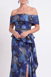 Blue Off the Shoulder Mermaid Floral Ruffled Long Mother of the Bride Dress with Slit