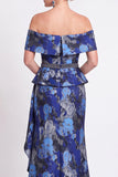 Blue Off the Shoulder Mermaid Floral Ruffled Long Mother of the Bride Dress with Slit