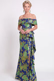 Blue Off the Shoulder Mermaid Floral Ruffled Long Mother of the Bride Dress with Slit