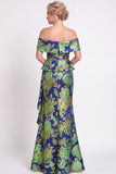 Blue Off the Shoulder Mermaid Floral Ruffled Long Mother of the Bride Dress with Slit