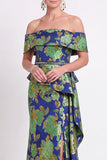 Blue Off the Shoulder Mermaid Floral Ruffled Long Mother of the Bride Dress with Slit