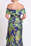Blue Off the Shoulder Mermaid Floral Ruffled Long Mother of the Bride Dress with Slit