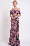 Blue Off the Shoulder Mermaid Floral Ruffled Long Mother of the Bride Dress with Slit