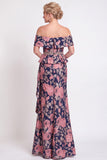 Blue Off the Shoulder Mermaid Floral Ruffled Long Mother of the Bride Dress with Slit