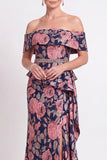 Blue Off the Shoulder Mermaid Floral Ruffled Long Mother of the Bride Dress with Slit