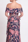 Blue Off the Shoulder Mermaid Floral Ruffled Long Mother of the Bride Dress with Slit