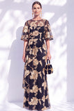 Navy Mermaid Ruffled Floral Long Mother of the Bride Dress with Half Sleeves