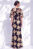 Navy Mermaid Ruffled Floral Long Mother of the Bride Dress with Half Sleeves