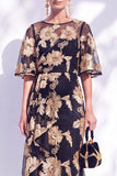 Navy Mermaid Ruffled Floral Long Mother of the Bride Dress with Half Sleeves