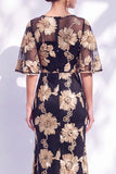 Navy Mermaid Ruffled Floral Long Mother of the Bride Dress with Half Sleeves