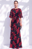 Navy Mermaid Ruffled Floral Long Mother of the Bride Dress with Half Sleeves