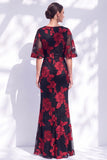 Navy Mermaid Ruffled Floral Long Mother of the Bride Dress with Half Sleeves