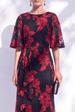 Navy Mermaid Ruffled Floral Long Mother of the Bride Dress with Half Sleeves