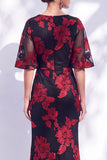 Navy Mermaid Ruffled Floral Long Mother of the Bride Dress with Half Sleeves