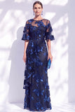 Navy Mermaid Ruffled Floral Long Mother of the Bride Dress with Half Sleeves