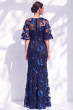 Navy Mermaid Ruffled Floral Long Mother of the Bride Dress with Half Sleeves