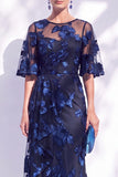 Navy Mermaid Ruffled Floral Long Mother of the Bride Dress with Half Sleeves