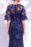 Navy Mermaid Ruffled Floral Long Mother of the Bride Dress with Half Sleeves